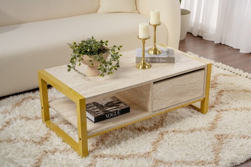 Masuta de cafea, Kalune Design, Haldizen, 105x40x55 cm, PAL, Travertin / Auriu