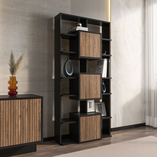 Corp biblioteca, Zena Home, Monaco, 85x176x20 cm, PAL, Negru / Nuc deschis
