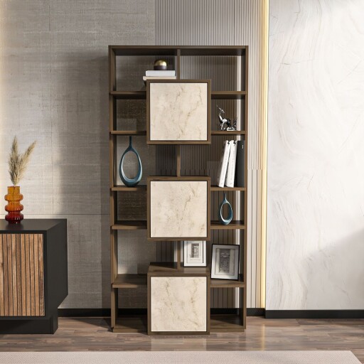 Corp biblioteca, Zena Home, Monaco, 85x176x20 cm, PAL, Nuc / Travertin