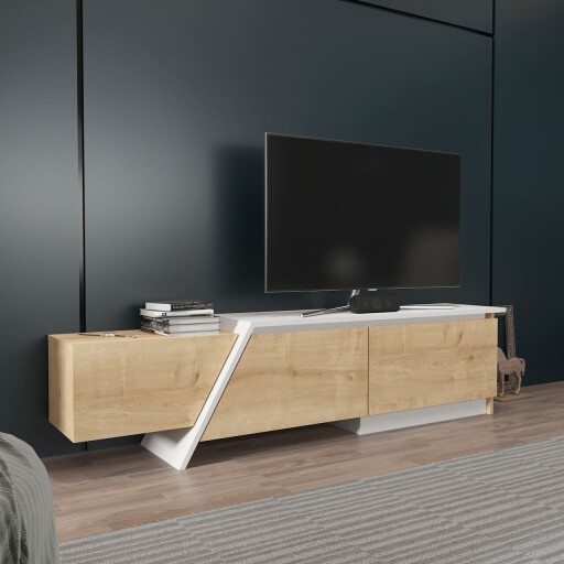 Comoda TV, Zena Home, Zonas, 180x28 cm, PAL, Stejar Safir / Alb