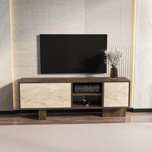 Comoda TV, Zena Home, Monaco, 150x54x35 cm, PAL, Nuc / Travertin