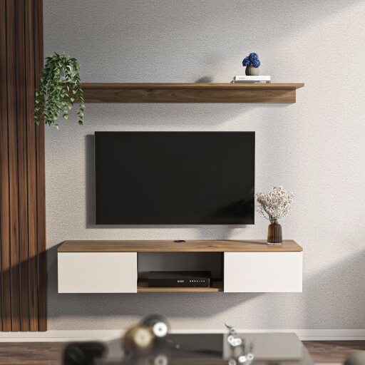 Comoda TV, Zena Home, Elia, 140x25 cm, PAL, Nuc/Alb