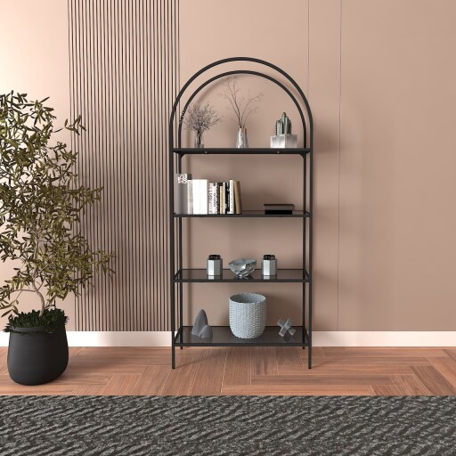 Corp biblioteca, Caliente, Mona, 80x175x30 cm, Sticla temperata, Negru