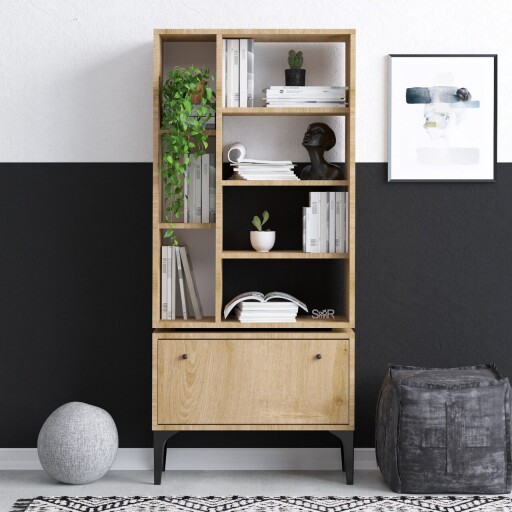 Corp biblioteca, Emerald, Fix, 65x160x30 cm, PAL, Stejar / Negru