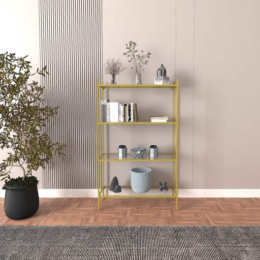 Corp biblioteca, Caliente, Marta, 80x126x30 cm, Sticla temperata, Auriu