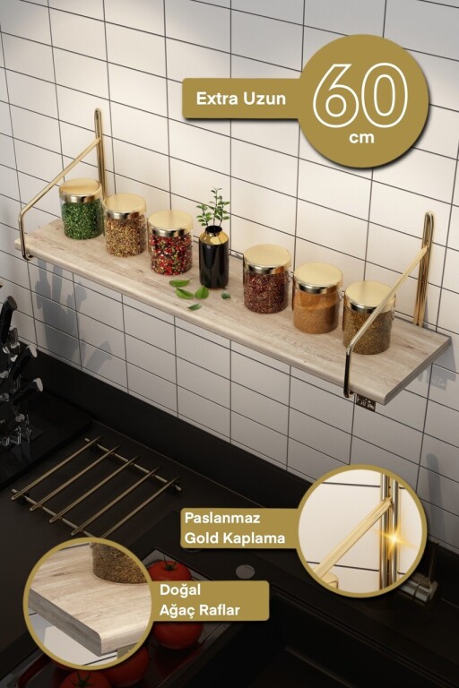 Raft de perete, Cerritos, Duvar Rafı 60 cm Extra, 15x15x60 cm, Lemn masiv, Auriu/Maro