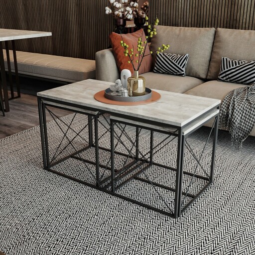 Set masute de cafea, Kalune Design, Defne, PAL, Gri deschis / Negru