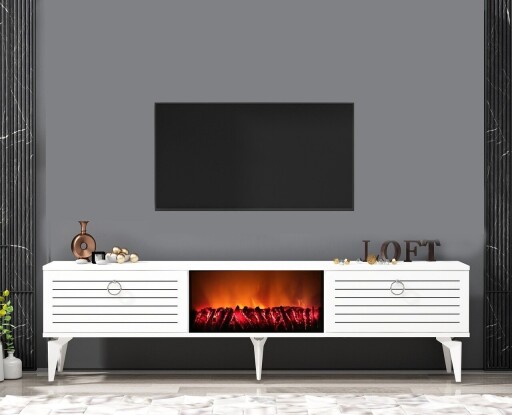 Comoda TV, Olivia, Arona Fireplace, 150x44 cm, PAL , Alb