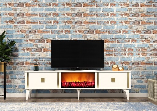 Comoda TV, Olivia, Doruk Fireplace, 150x44 cm, PAL , Alb/Auriu
