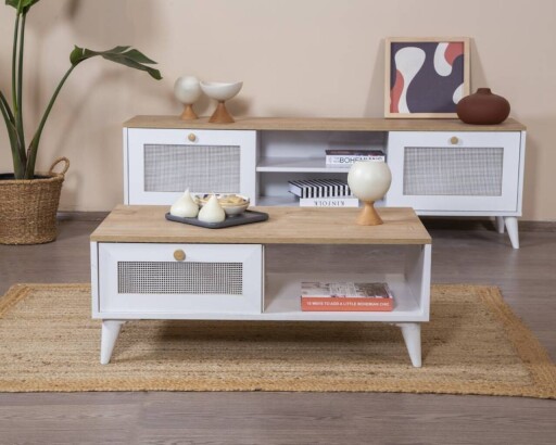 Masuta de cafea, Wolina, Calvin, 55x100x45 cm, MDF , Alb / Stejar