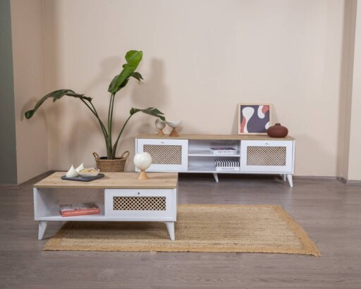 Masuta de cafea, Wolina, Goose, 55x100x45 cm, Corp: 100% MDF, Alb / Stejar