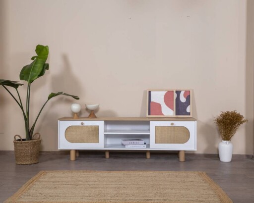 Comoda TV, Wolina, Bohem, 55x180x41 cm, MDF , Alb / Stejar