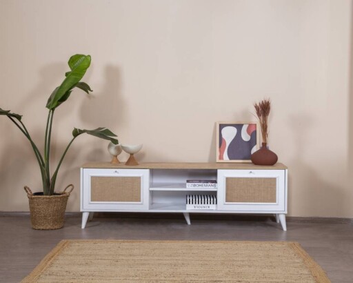 Comoda TV, Wolina, Mount, 55x180x41 cm, MDF , Alb / Stejar