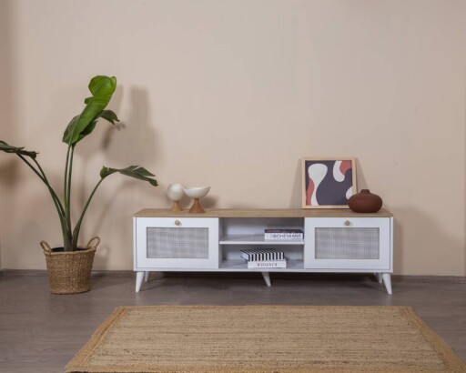 Comoda TV, Wolina, Calvin, 55x180x41 cm, MDF , Alb / Stejar