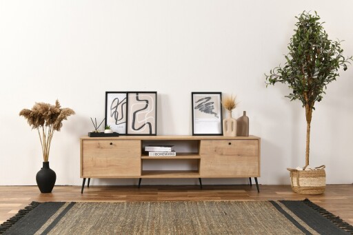 Comoda TV, Wolina, Calvin, 55x180x41 cm, Corp: PAL 100% MELAMINAT, Stejar