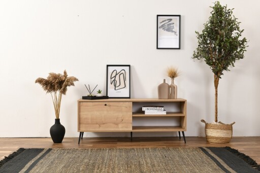 Comoda TV, Wolina, Calvin, 55x140x41 cm, Corp: PAL 100% MELAMINAT, Stejar