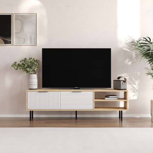 Comoda TV, Odessa, Venus, 150x45x30 cm, PAL, Stejar Safir / Alb