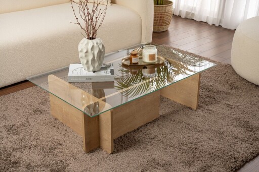 Masuta de cafea, Nordure, Flavio, 105x30x65 cm, Sticla temperata , Stejar