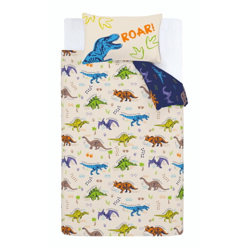 Lenjerie de pat pentru copii albastră-bej pentru pat dublu 200x200 cm Prehistoric Dinosaurs – Catherine Lansfield