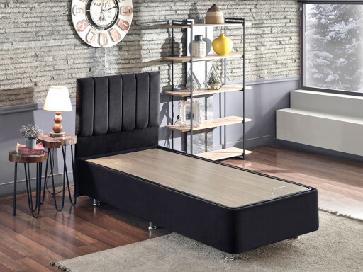 Baza de pat de o persoană și tăblie, Niron, Ela Single, 100x38x200 cm, Cadru: OȚEL, Negru