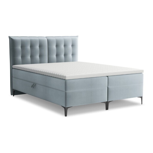 Pat boxspring albastru deschis cu spațiu de depozitare 160x200 cm Mikana – Makamii