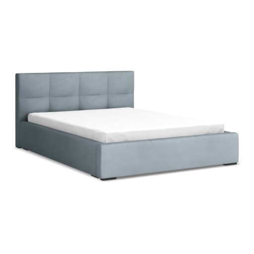 Pat matrimonial albastru deschis tapițat din catifea cu spațiu de depozitare cu somieră 140x200 cm Hiko – Makamii