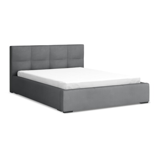 Pat matrimonial gri închis tapițat din catifea cu spațiu de depozitare cu somieră 140x200 cm Hiko – Makamii