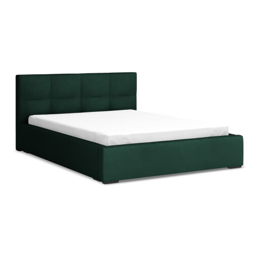 Pat matrimonial verde închis tapițat din catifea cu spațiu de depozitare cu somieră 140x200 cm Hiko – Makamii