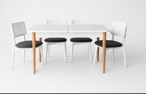 Set masa extensibila si 4 scaune, Hanah Home, Lina, Alb lemn / Negru