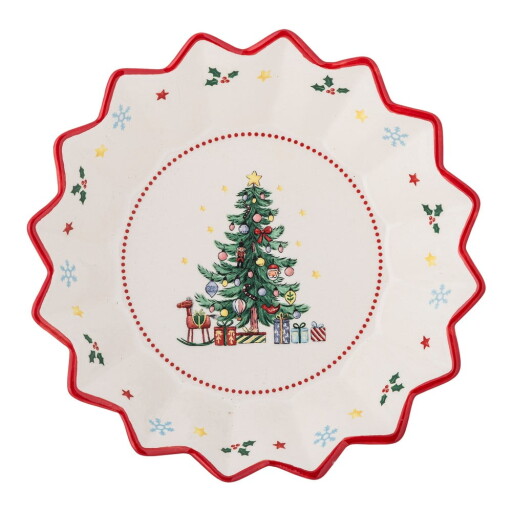 Farfurie roșie-crem pentru servire, din ceramică ø 20 cm cu model de Crăciun Naive – Bloomingville