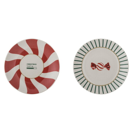 Farfurii roșii-crem 2 buc. pentru desert, din gresie ø 12,5 cm, cu model de Crăciun Yule – Bloomingville