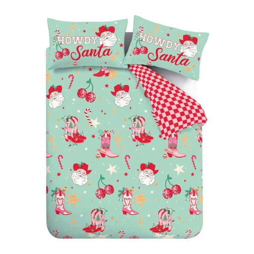 Lenjerie de pat verde-roz pentru pat dublu 200x200 cm Santa's Howdy Christmas – Catherine Lansfield