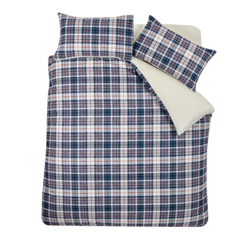 Lenjerie de pat albastră-bej din sherpa pentru pat dublu, extinsă 230x220 cm Cosy Sherpa Check – Catherine Lansfield