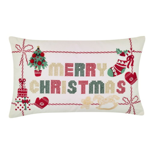 Pernă decorativă din bumbac 30x50 cm cu model de Crăciun Merry Christmas Cross Stitch – Catherine Lansfield