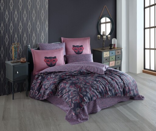 Lenjerie de pat dubla, L&#039;essentiel Maison, Caprice, Roz / Mov / Verde / Albastru închis