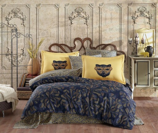 Lenjerie de pat dubla, L&#039;essentiel Maison, Caprice, Galben / Albastru închis