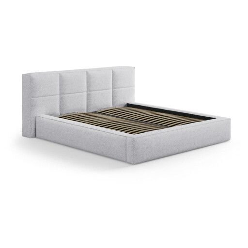 Pat matrimonial gri deschis tapițat cu spațiu de depozitare cu somieră 140x200 cm Simon Darren – Micadoni