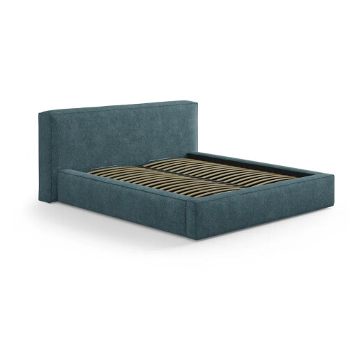 Pat matrimonial albastru tapițat cu spațiu de depozitare cu somieră 200x200 cm Simon Olivia – Micadoni