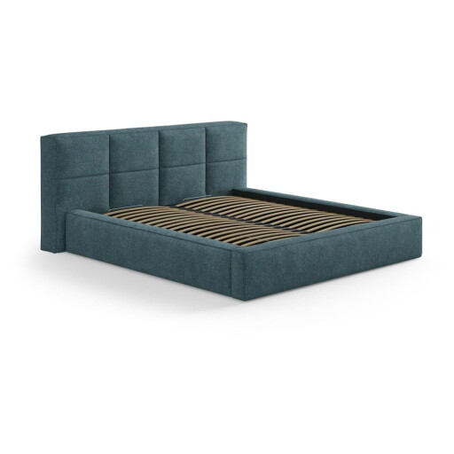 Pat matrimonial albastru tapițat cu spațiu de depozitare cu somieră 200x200 cm Simon Darren – Micadoni