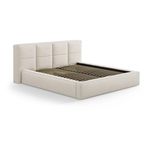 Pat matrimonial crem tapițat cu spațiu de depozitare cu somieră 140x200 cm Simon Darren – Micadoni
