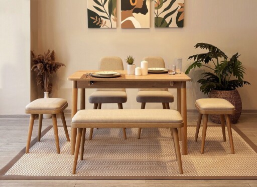 Set masa extensibila si 6 scaune, Vella, Vina Mini 03 1005, PAL, Stejar / Crem