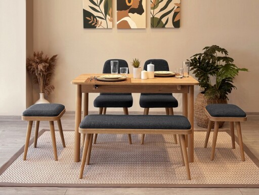 Set masa extensibila si 6 scaune, Vella, Vina Mini 03 1053, PAL, Stejar / Antracit