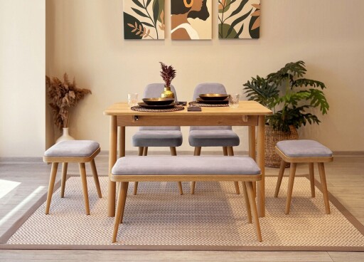 Set masa extensibila si 6 scaune, Vella, Vina Mini 03 0701, PAL, Stejar / Gri Soho