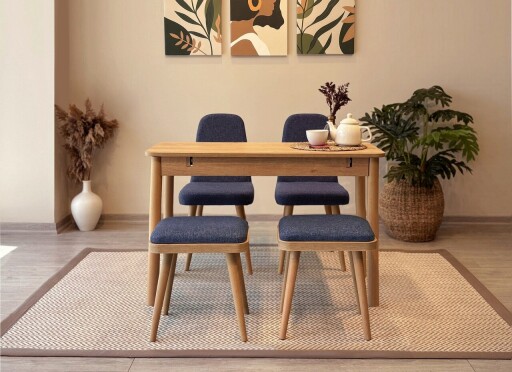 Set masa extensibila si 4 scaune, Vella, Vina Mini 02 1048, PAL, Stejar / Albastru închis