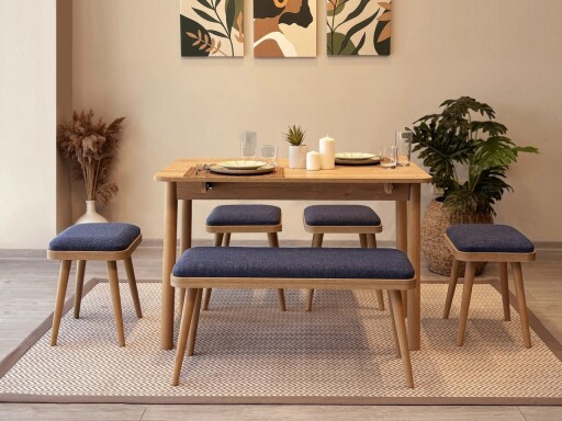 Set masa extensibila si 6 scaune, Vella, Vina Mini 06 1048, PAL, Stejar / Albastru închis