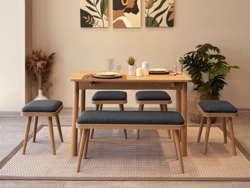 Set masa extensibila si 6 scaune, Vella, Vina Mini 06 1053, PAL, Stejar / Antracit