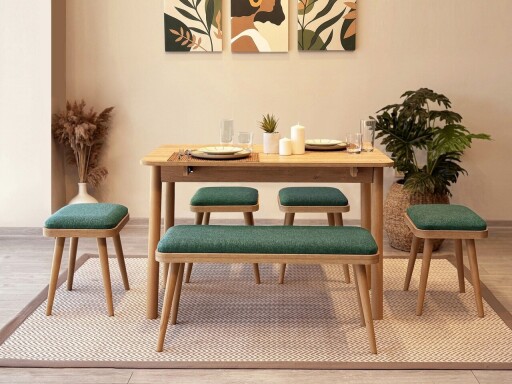 Set masa extensibila si 6 scaune, Vella, Vina Mini 06 1070, PAL, Stejar / Verde