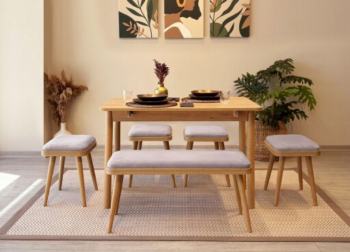 Set masa extensibila si 6 scaune, Vella, Vina Mini 06 0701, PAL, Stejar / Gri Soho