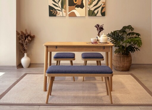 Set masa extensibila si 4 scaune, Vella, Vina Mini 04 1048, PAL, Stejar / Albastru închis