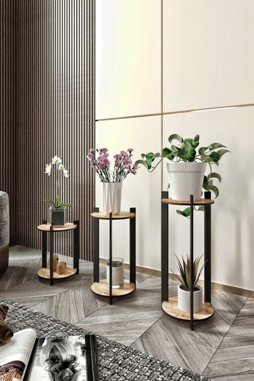 Suport din lemn pentru plante, Poter, Flower Desk Round, MDF , Stejar